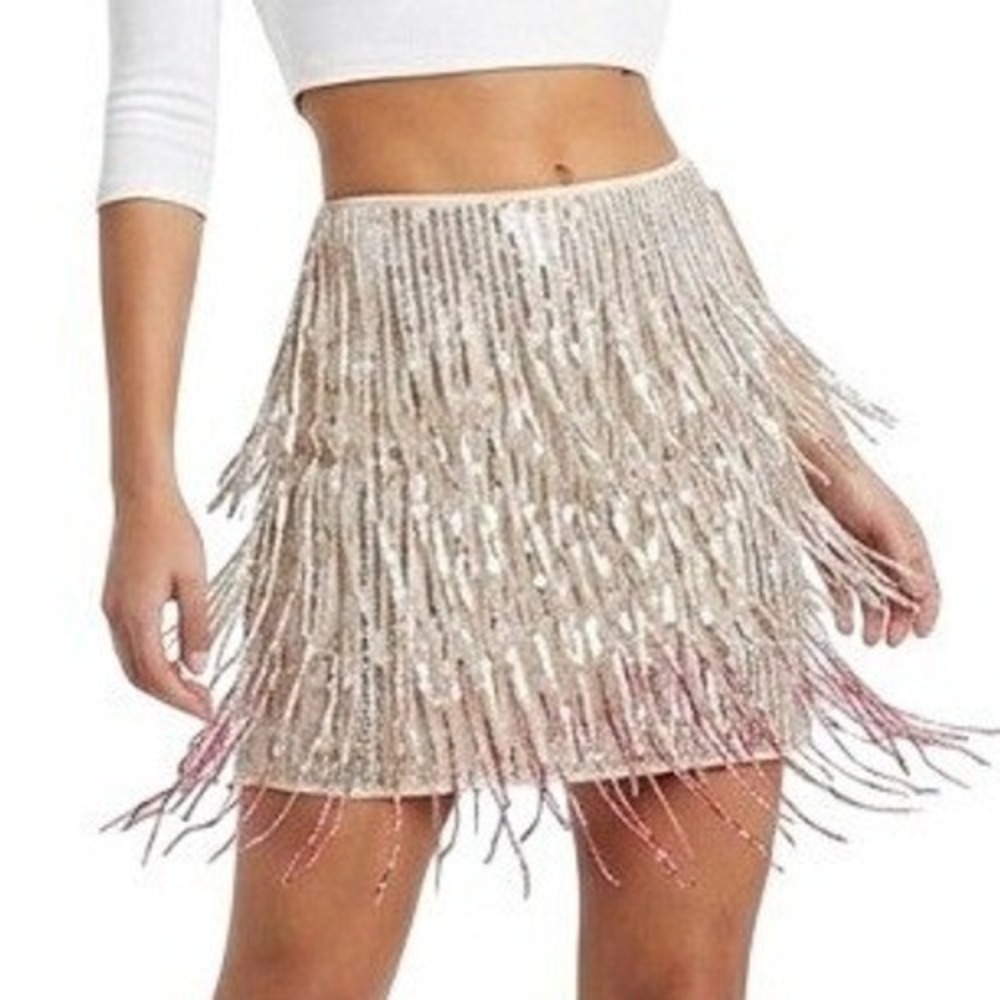 Guess Sequin Fringe Mini Skirt Women XS Silver Champagne Glam Party W3RD53 KBJE0